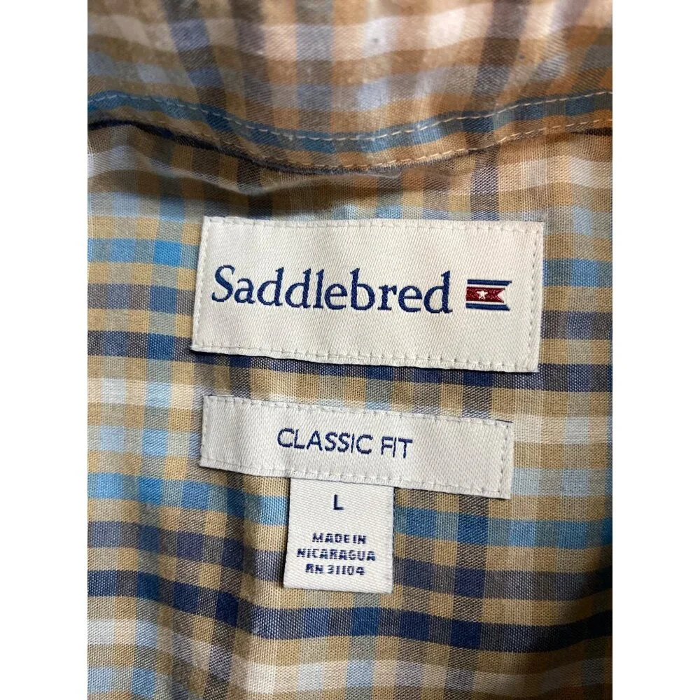 Saddlebred Plaid Button Up Shirt L Blue Tan Classic Y2K Workwear Casual Preppy_3
